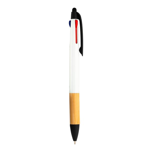 Penna a scatto in plastica con 3 refill, con gommino per touch screen, impugnatura in bamb
