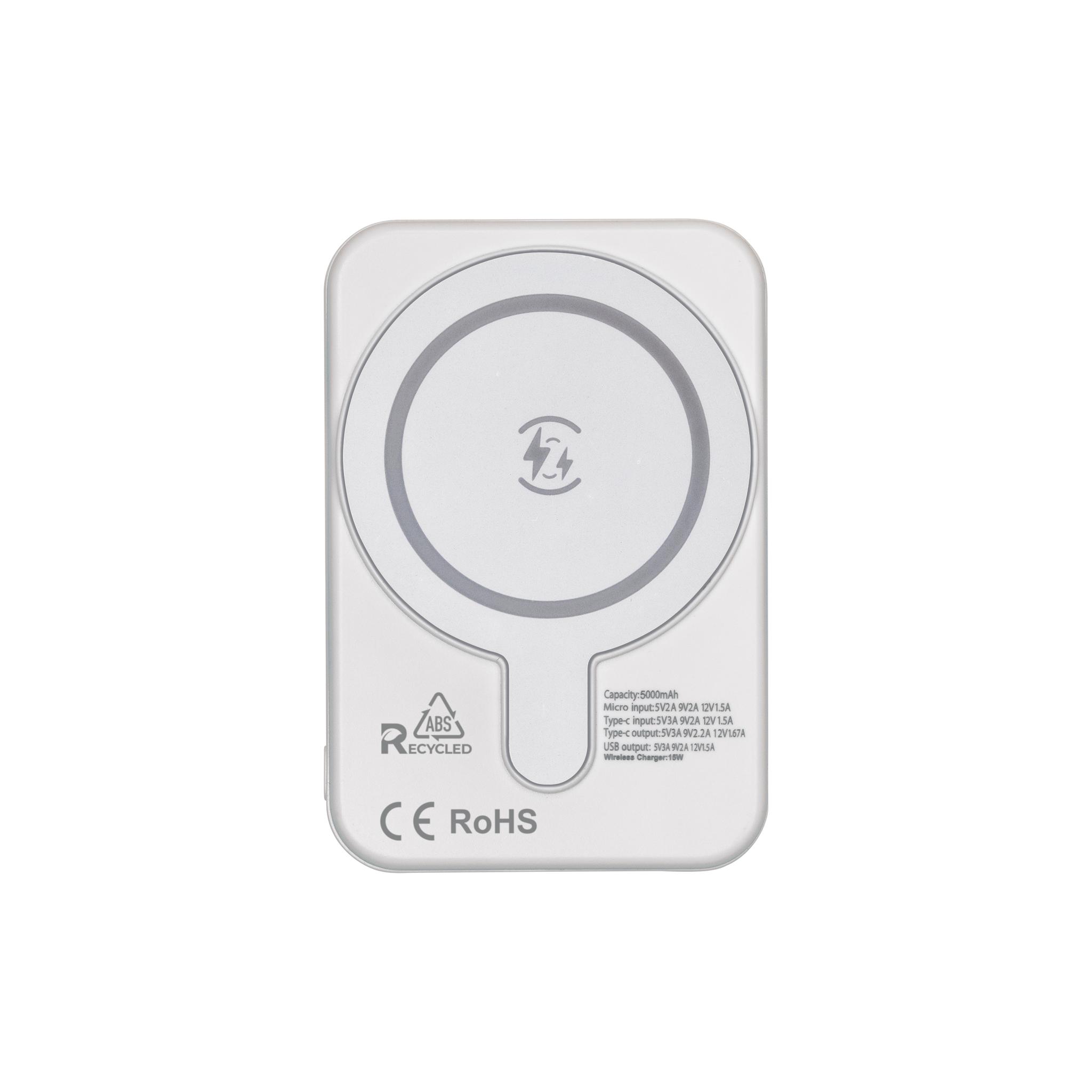 Power bank magnetica R-ABS 5000 mAh, output wireless 15W con sticker magnetico Power bank magnetica R-ABS 5000 mAh, output wireless 15W con sticker magnetico